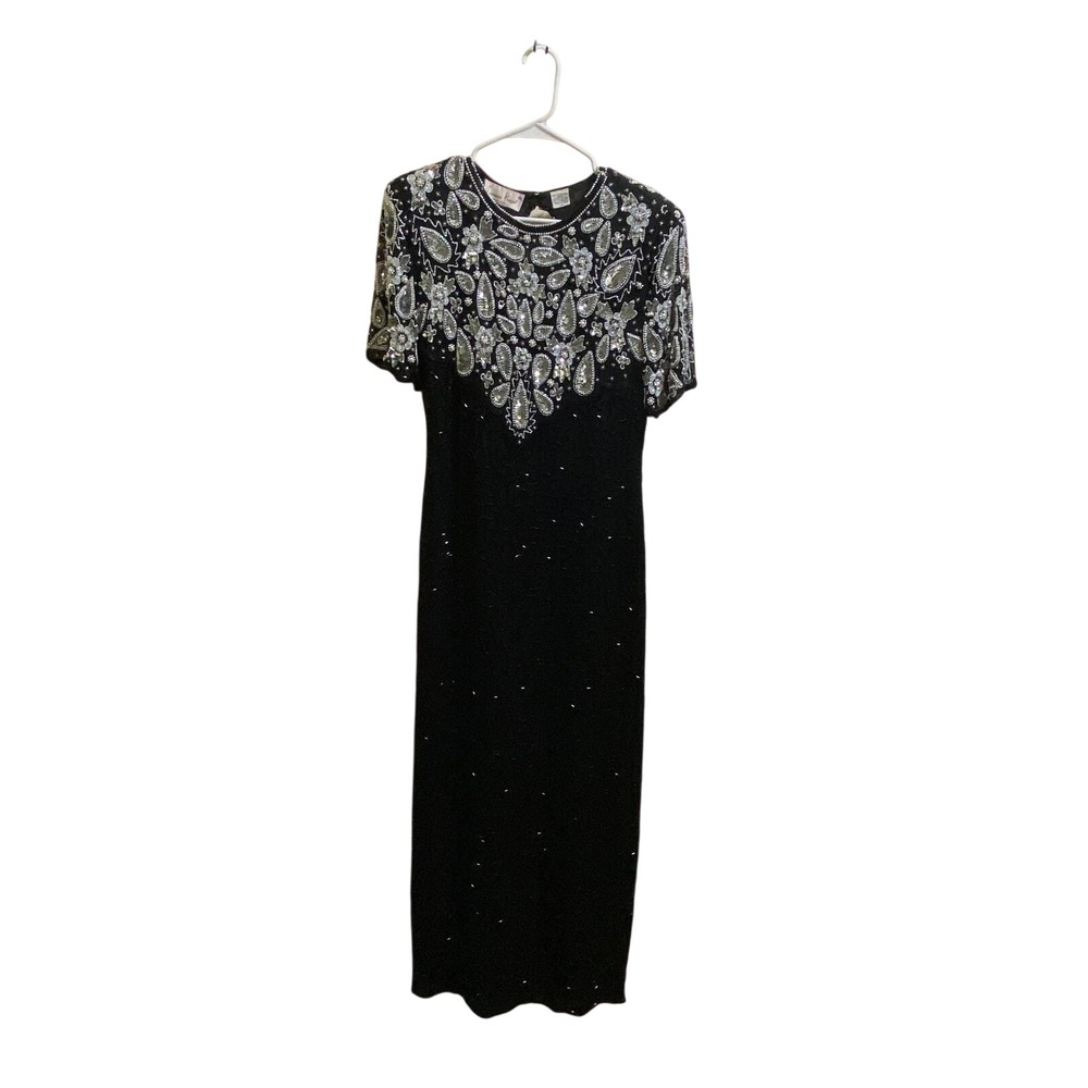 Lawrence Kazar Vintage Silk Beaded Gown Black Silver Sequin Formal Dress Women M